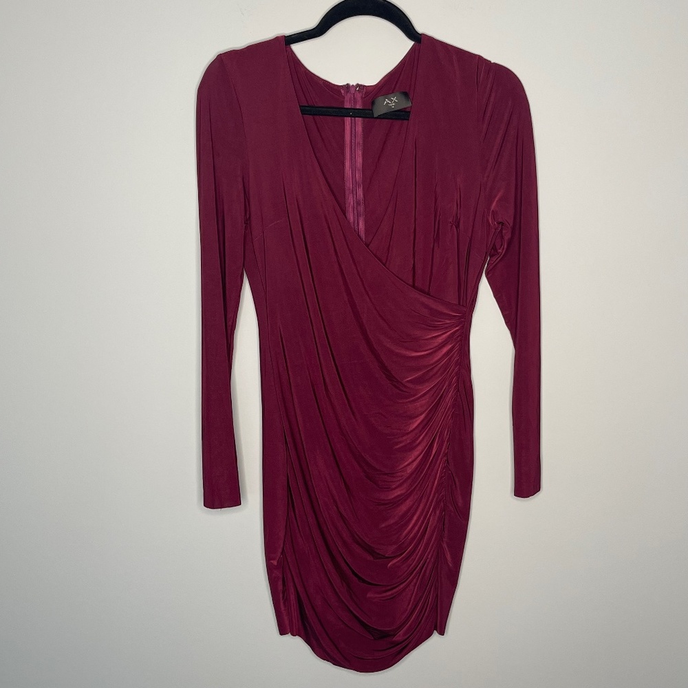 A/X Armani Exchange maroon faux wrap body con long sleeve dress